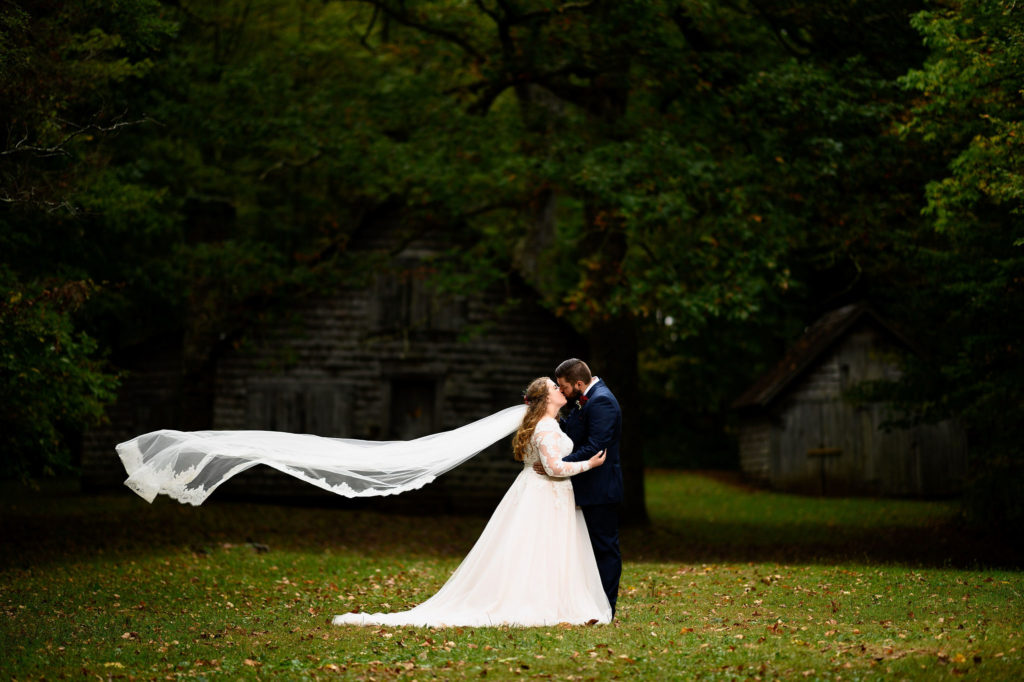 Asheville wedding bride and groom veil shot