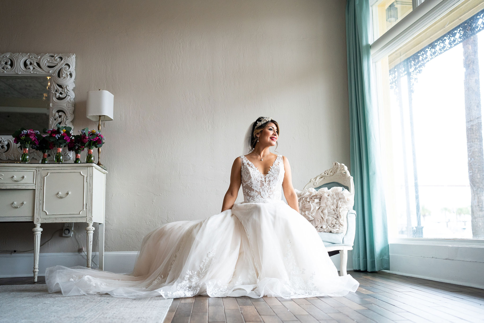 bride posing on a chair
